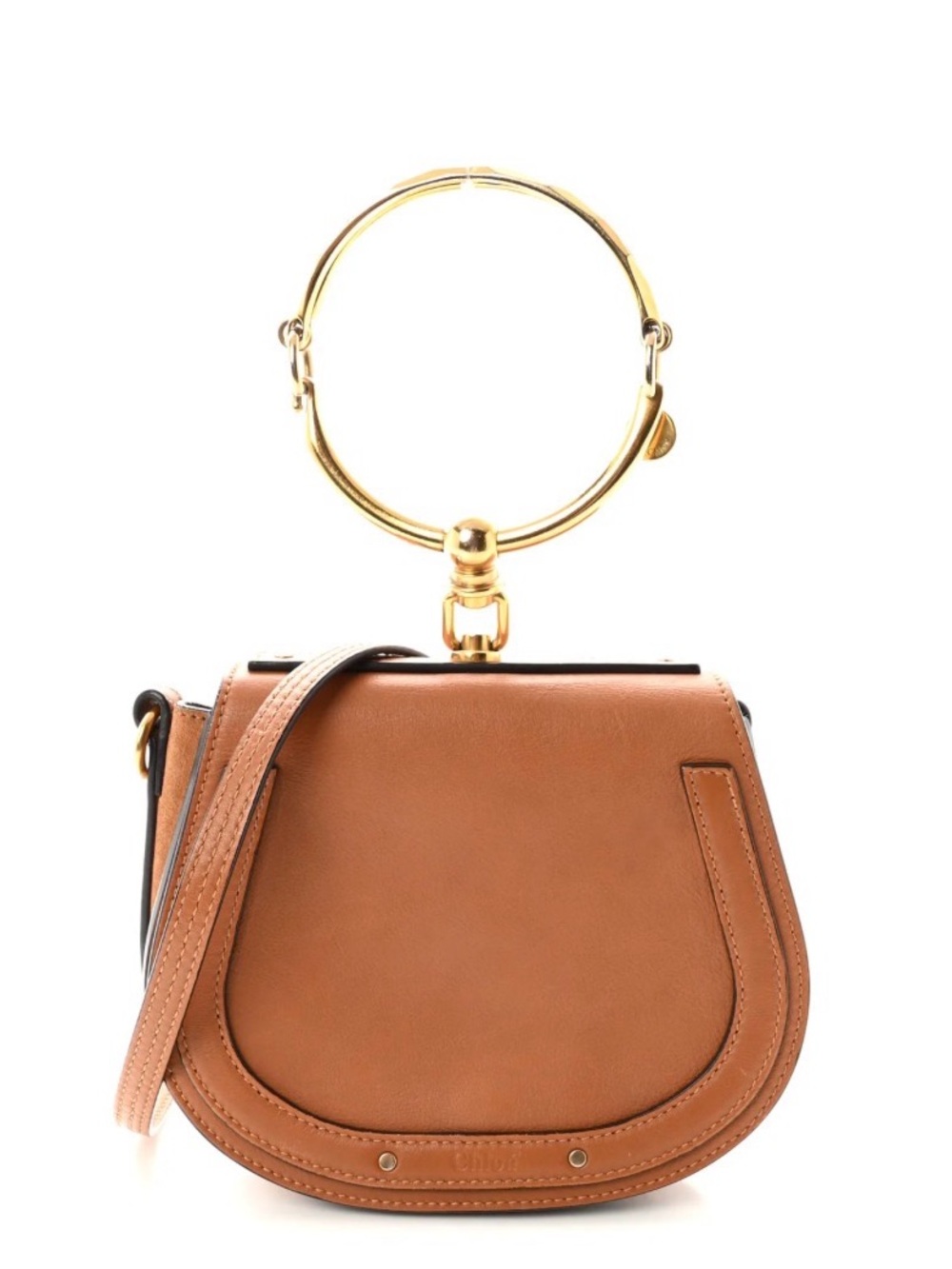 Chloe Brown Leather Crossbody with Gold Hoop Handle